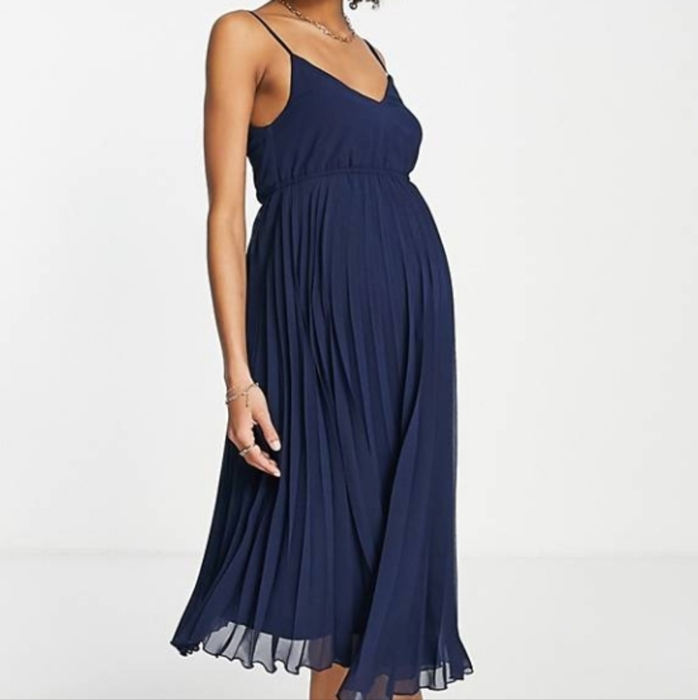 ASOS Design Women's Navy Blue Maternity Pleated Cami Midi Dress Size 6